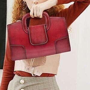 Vintage Style Flap Dark Red Tote Top Handle Satchel Handbags Vegan Leather